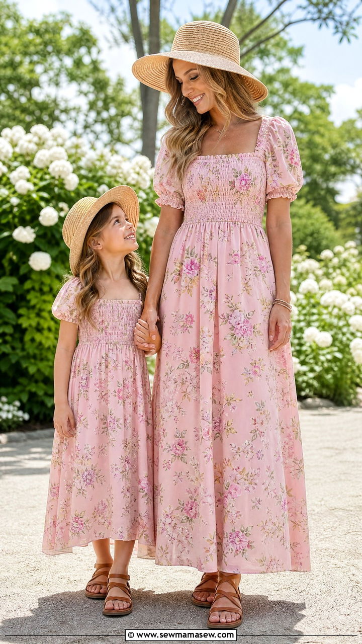 Matching Floral Maxi Dresses With Straw Hats - 30 Summer mother daughter outfits