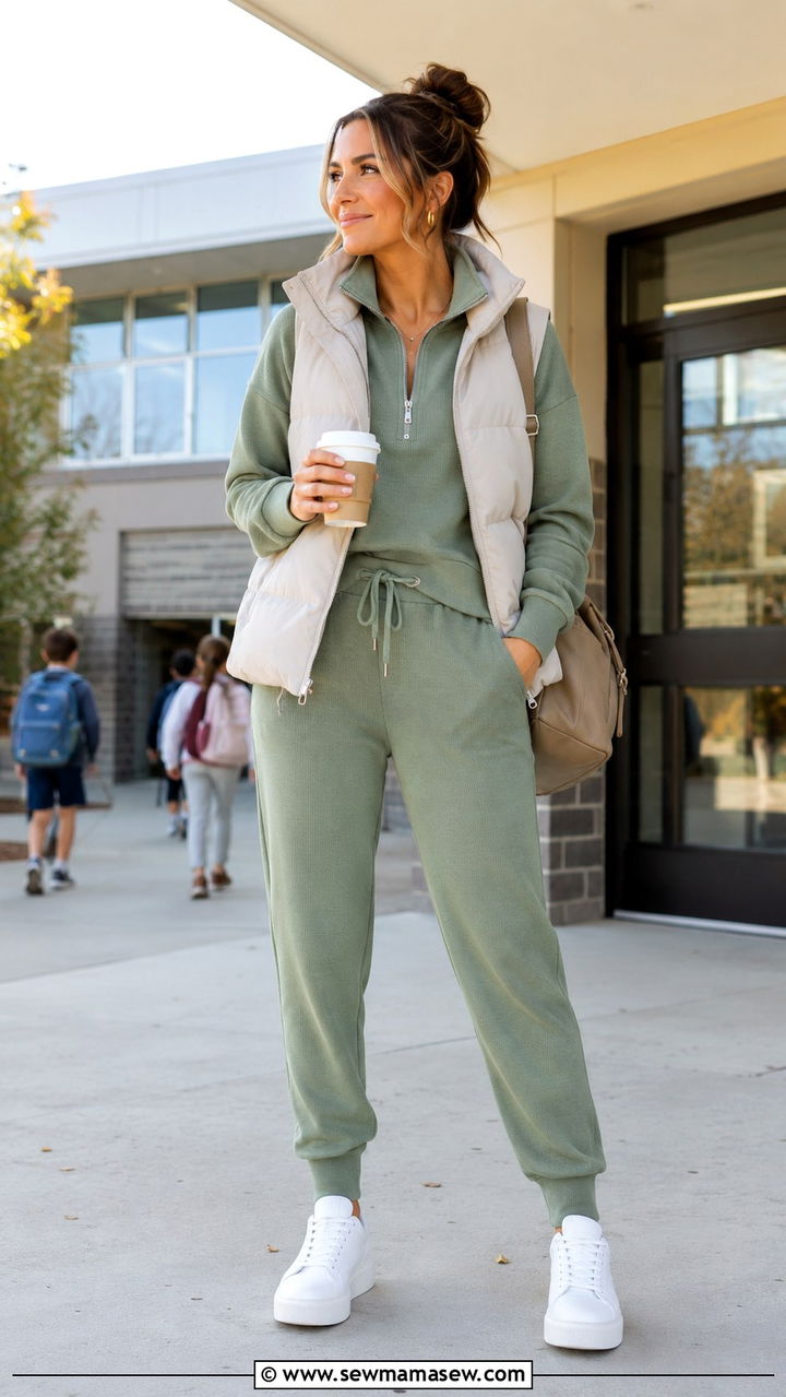 Matching Jogger Set With Half Zip Pullover - 25 Athleisure outfit ideas school run