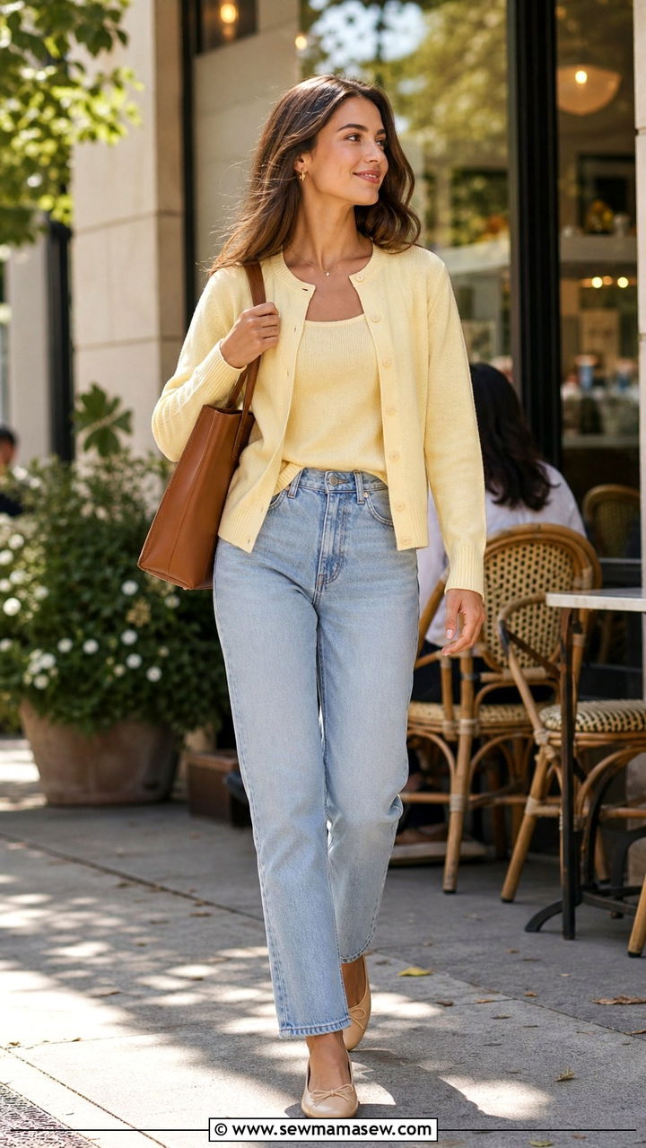 Matching Knit Cardigan And Top With Straight Leg Jeans - 20 College outfit ideas preppy 2026