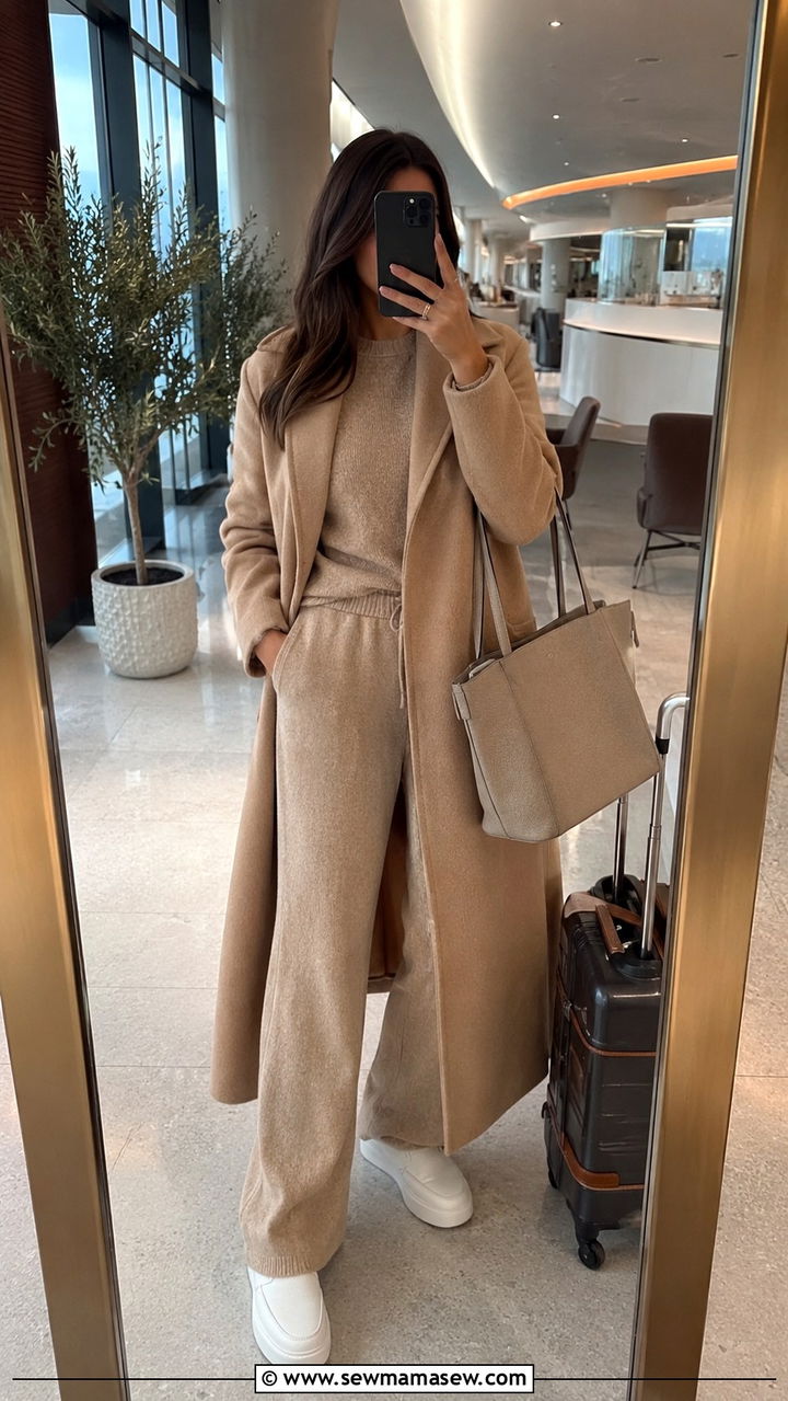 Matching Knit Co Ord Set With Long Wool Coat - 25 Airport outfit ideas for cold destination