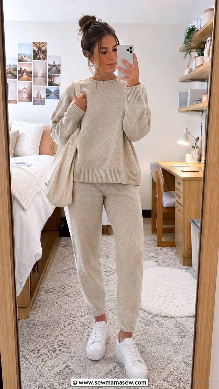 Matching Knit Lounge Set With An Oversized Tote And Sneakers - 30 school outfits Pinterest