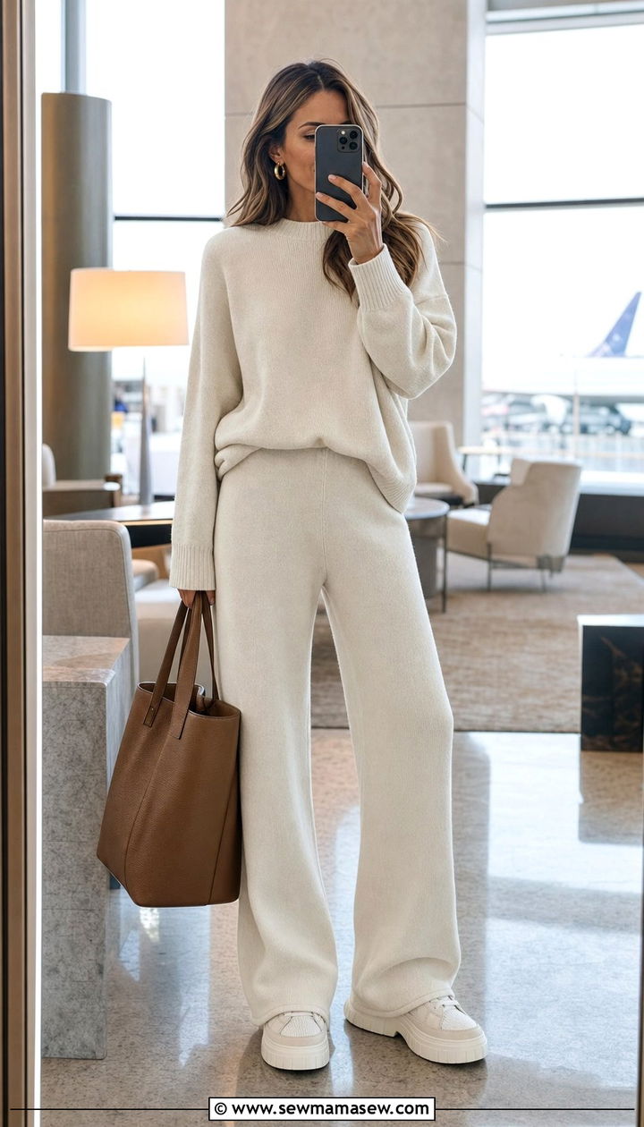 Matching Knit Lounge Set With Chunky Sneakers - 35 Airport outfit ideas with sneakers