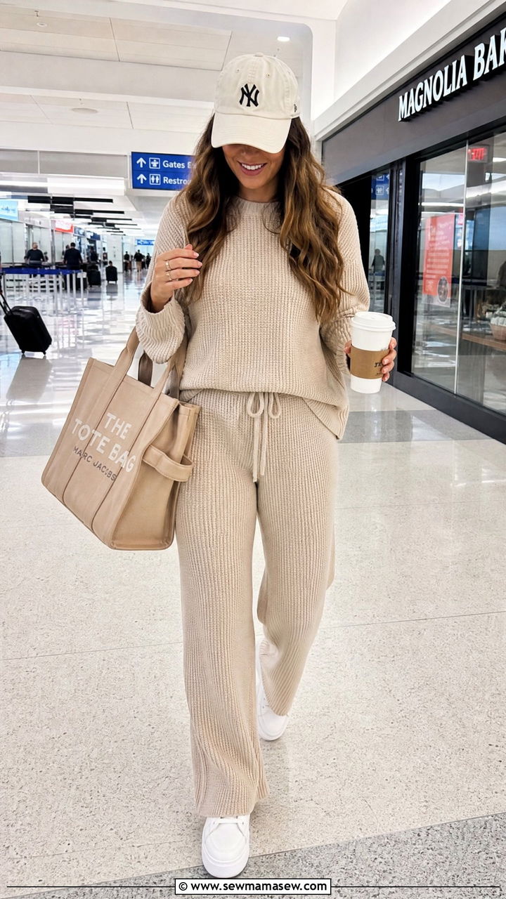 Matching Knit Lounge Set With Oversized Tote - 40 vacation outfits for women