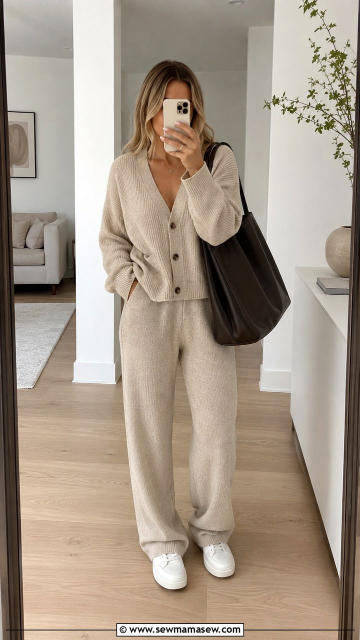 Matching Knit Lounge Set With Oversized Tote - 30 casual scandinavian outfits