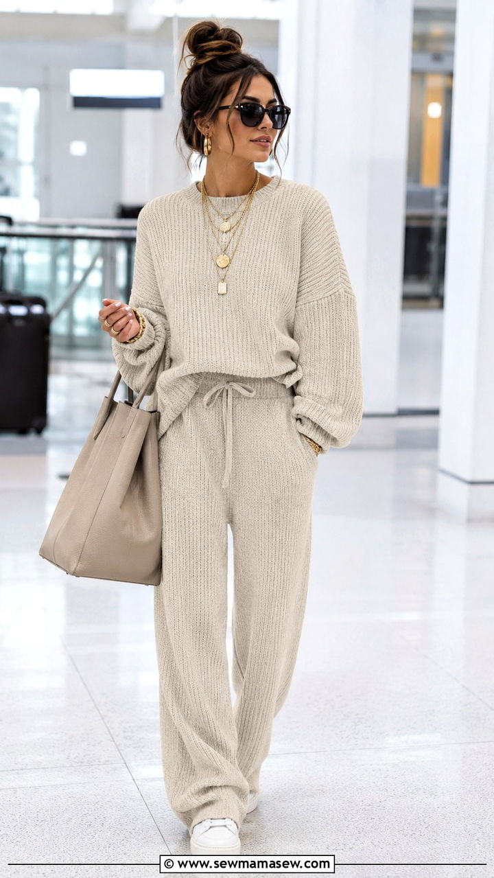 Matching Knit Lounge Set With Oversized Tote And Layered Necklaces - 30 Spring outfits with jewelry