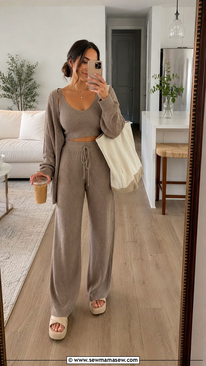 Matching Knit Lounge Set With Platform Sandals - 20 Petite outfit ideas 5'1