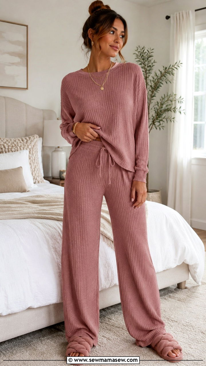 Matching Knit Lounge Set With Slippers - 20 Pajama outfit ideas for sleepover