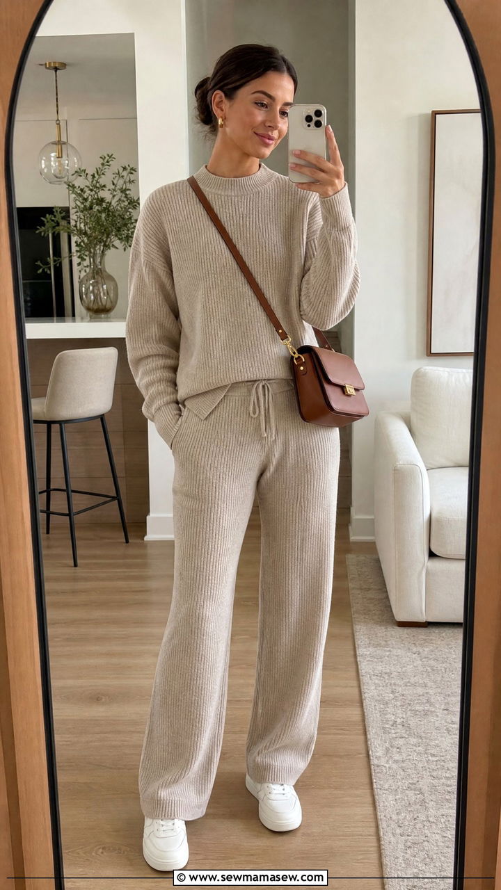 Matching Knit Lounge Set With Sneakers - 30 clean girl outfits to copy