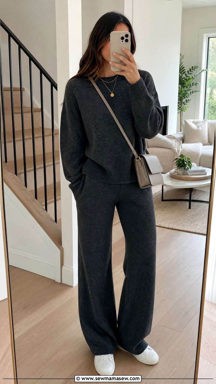 Matching Knit Lounge Set With Sneakers And A Crossbody Bag - 30 streetwear outfits ideas