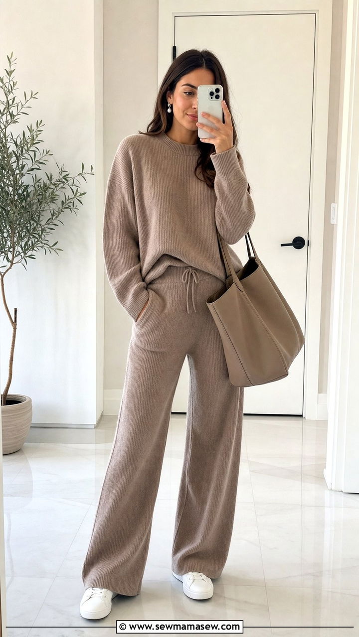 Matching Knit Lounge Set With Sneakers And Tote - 35 casual errands outfits