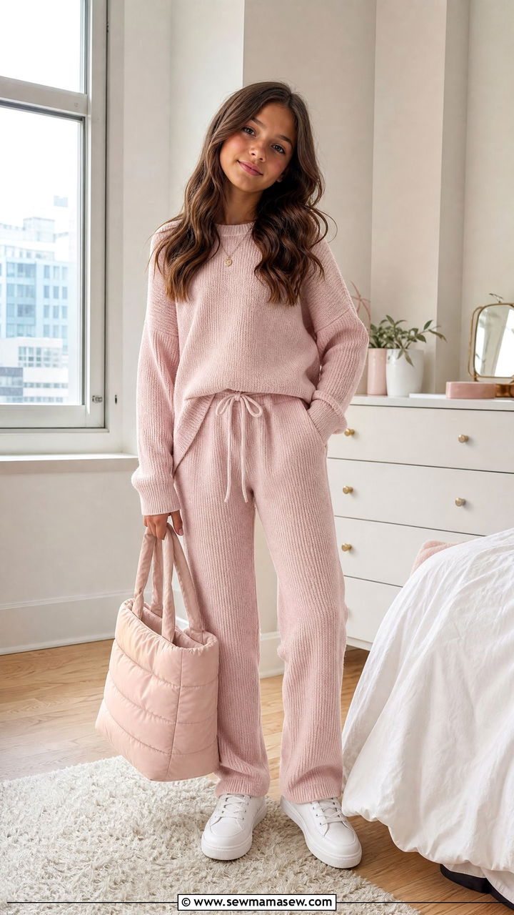 Matching Knit Lounge Set With Sneakers Outfit - 30 Cute outfits for tweens