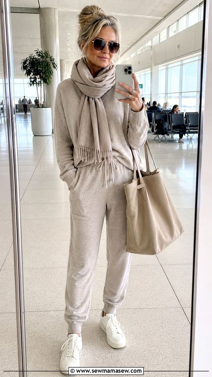 Matching Knit Lounge Set With Sneakers and an Oversized Tote - 30 Petite outfits for women over 50