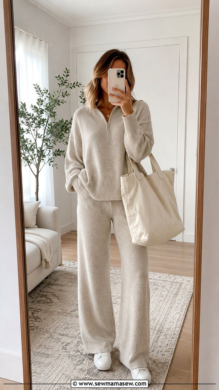 Matching Knit Lounge Set With Tote Bag And Sneakers - 30 cute transitional outfits