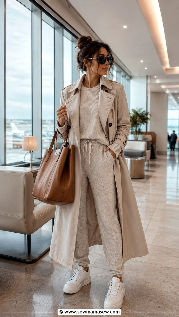 Matching Knit Lounge Set With Trench Coat - 25 Airport outfit ideas with joggers