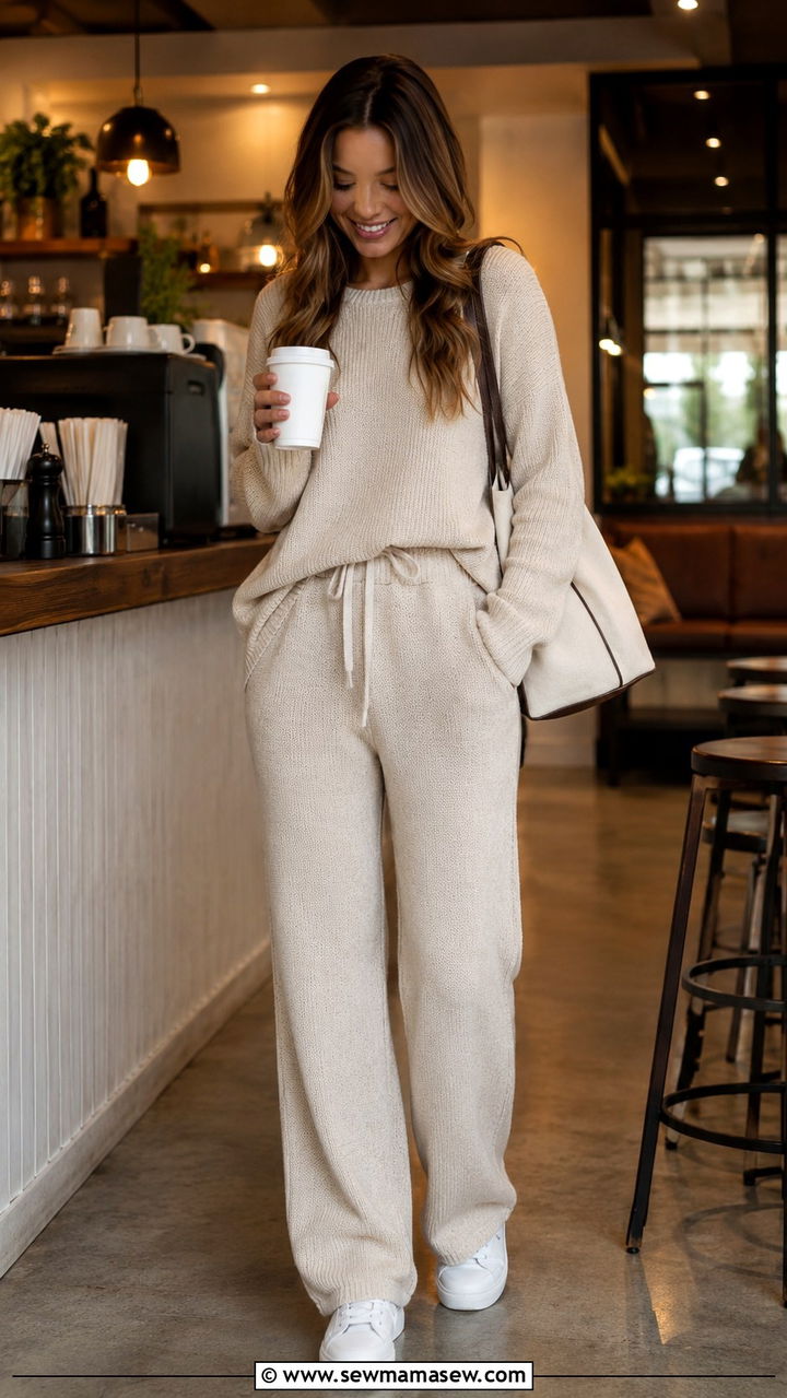 Matching Knit Lounge Set With White Sneakers And A Tote Bag - 30 casual trendy outfits