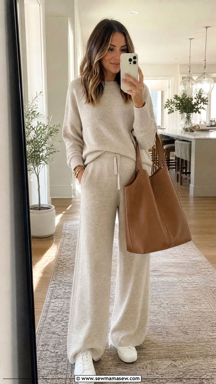 Matching Knit Lounge Set With White Sneakers And Tote - 30 Elevated mom outfit ideas