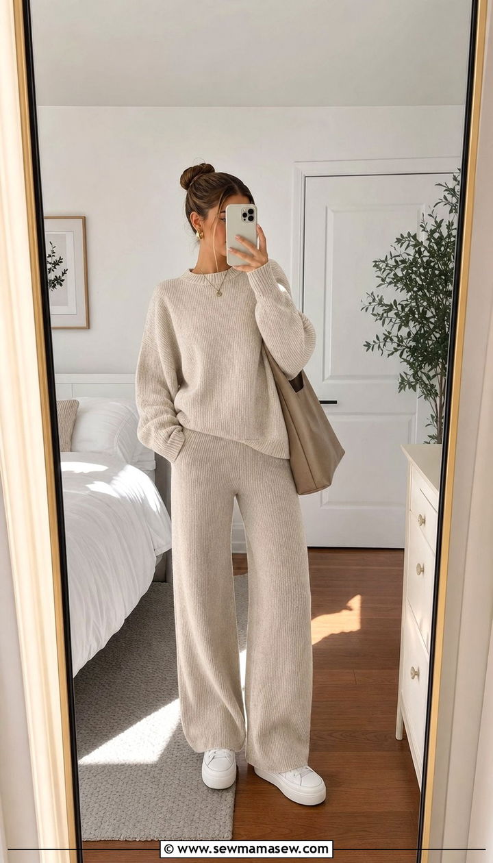 Matching Knit Lounge Set and Sneakers - 25 Clean girl outfit ideas for school