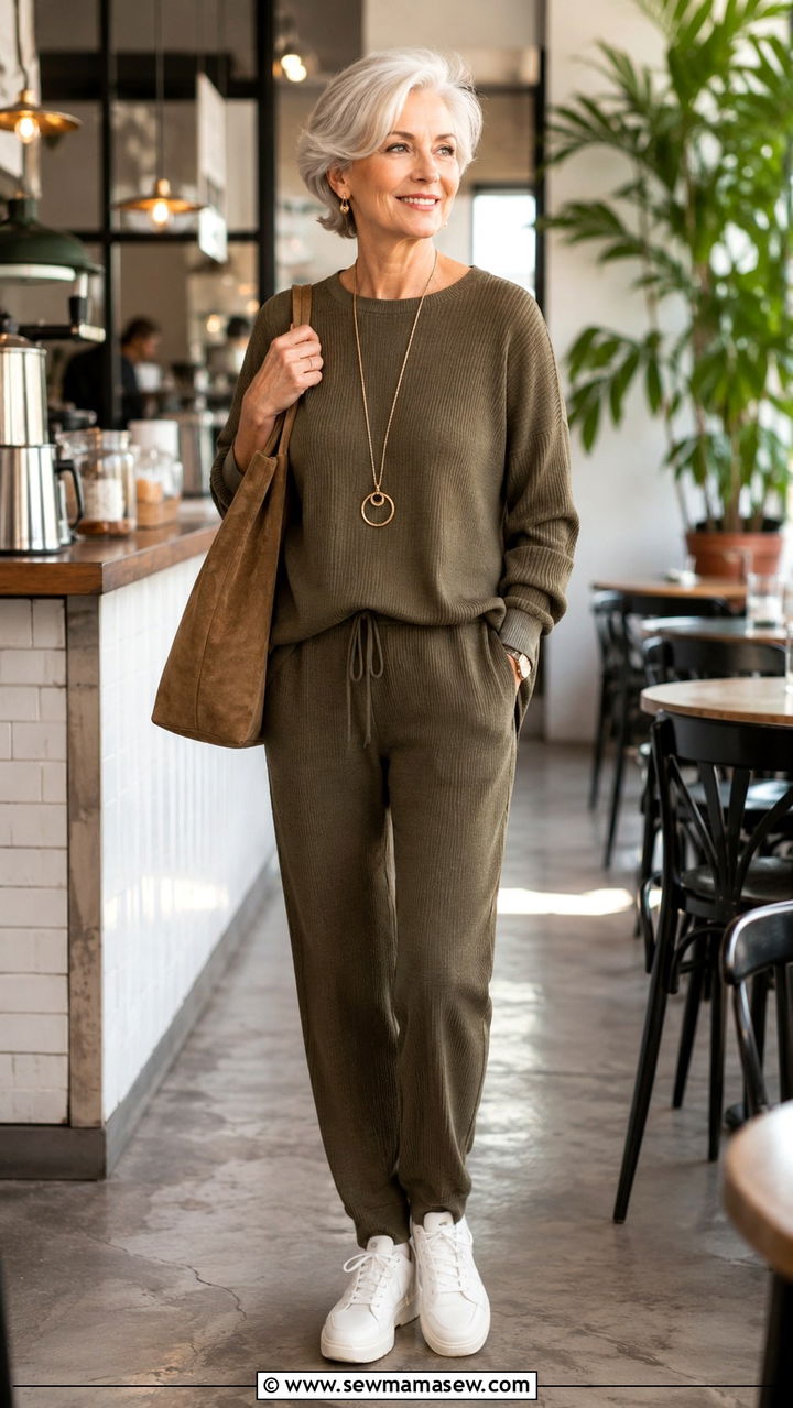 Matching Knit Lounge Set in Earth Tones - 30 Minimalist outfits for women over 60