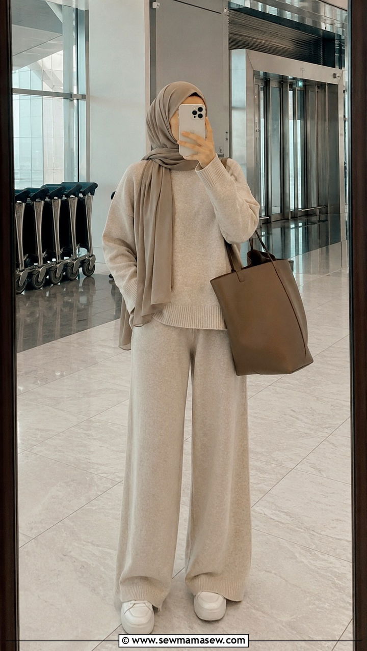 Matching Knit Lounge Set with Oversized Tote - 30 Modest outfit ideas for airport