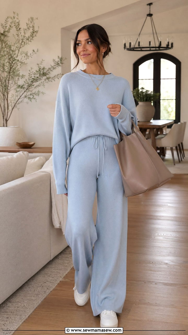Matching Knit Lounge Set with Oversized Tote - 35 errand outfit ideas for women