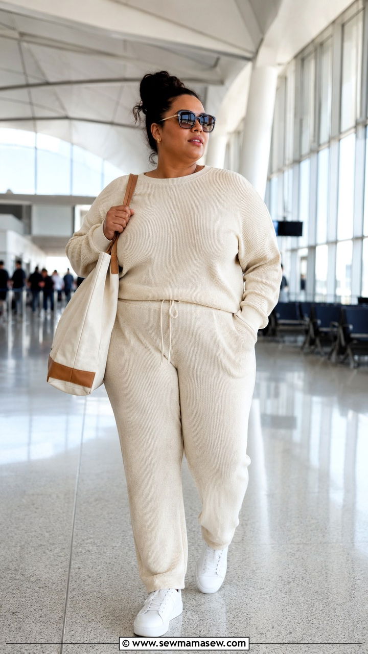 Matching Knit Lounge Set with Sneakers - 30 Plus size outfit ideas for travel