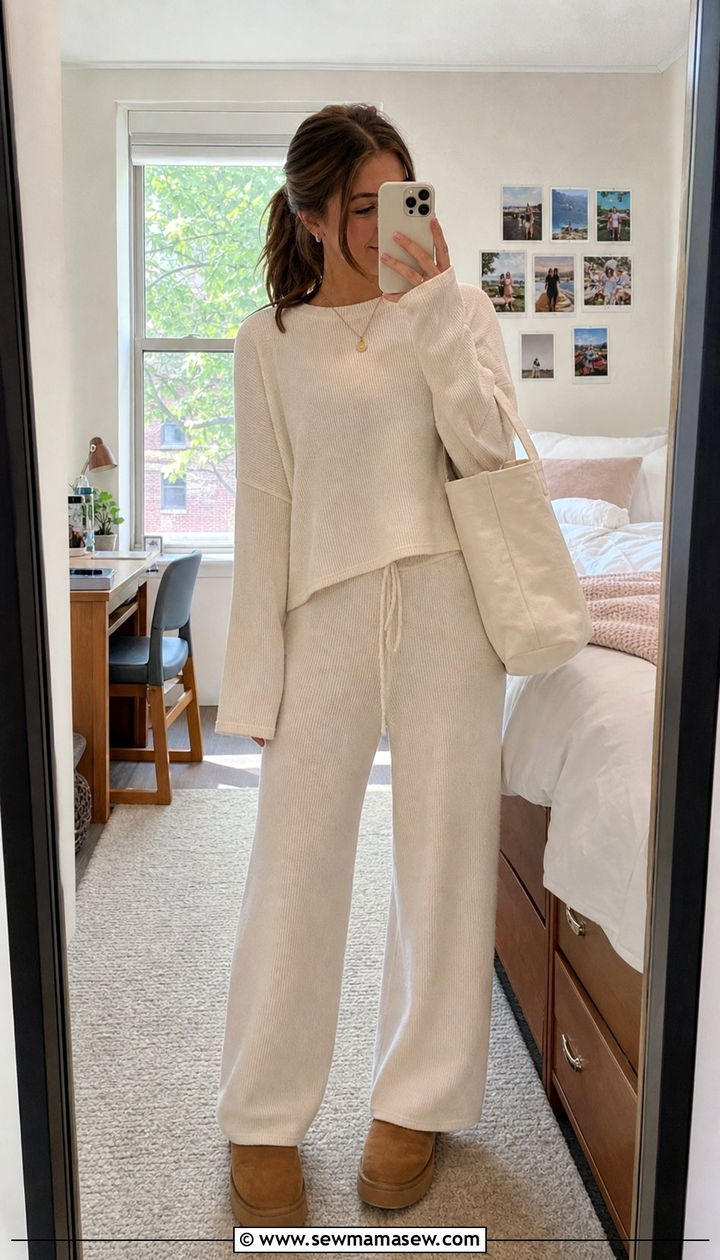 Matching Knit Lounge Set with UGG Mini Boots - 25 college outfits Pinterest