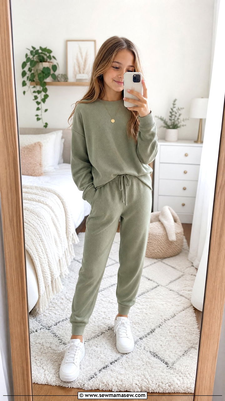 Matching Knit Lounge Set with White Sneakers - 25 Tween outfit ideas for 10 year olds