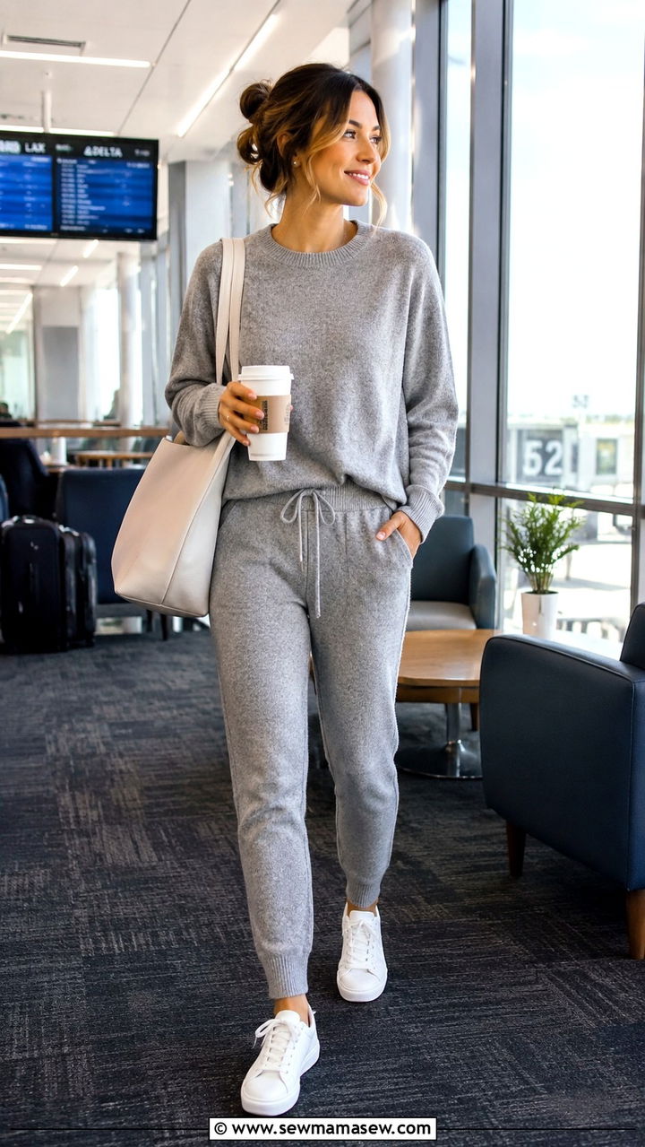 Matching Knit Lounge Set with White Sneakers - 30 Spring outfits with white sneakers