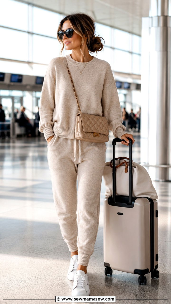 Matching Knit Lounge Set with White Sneakers - 30 Travel outfit ideas for moms
