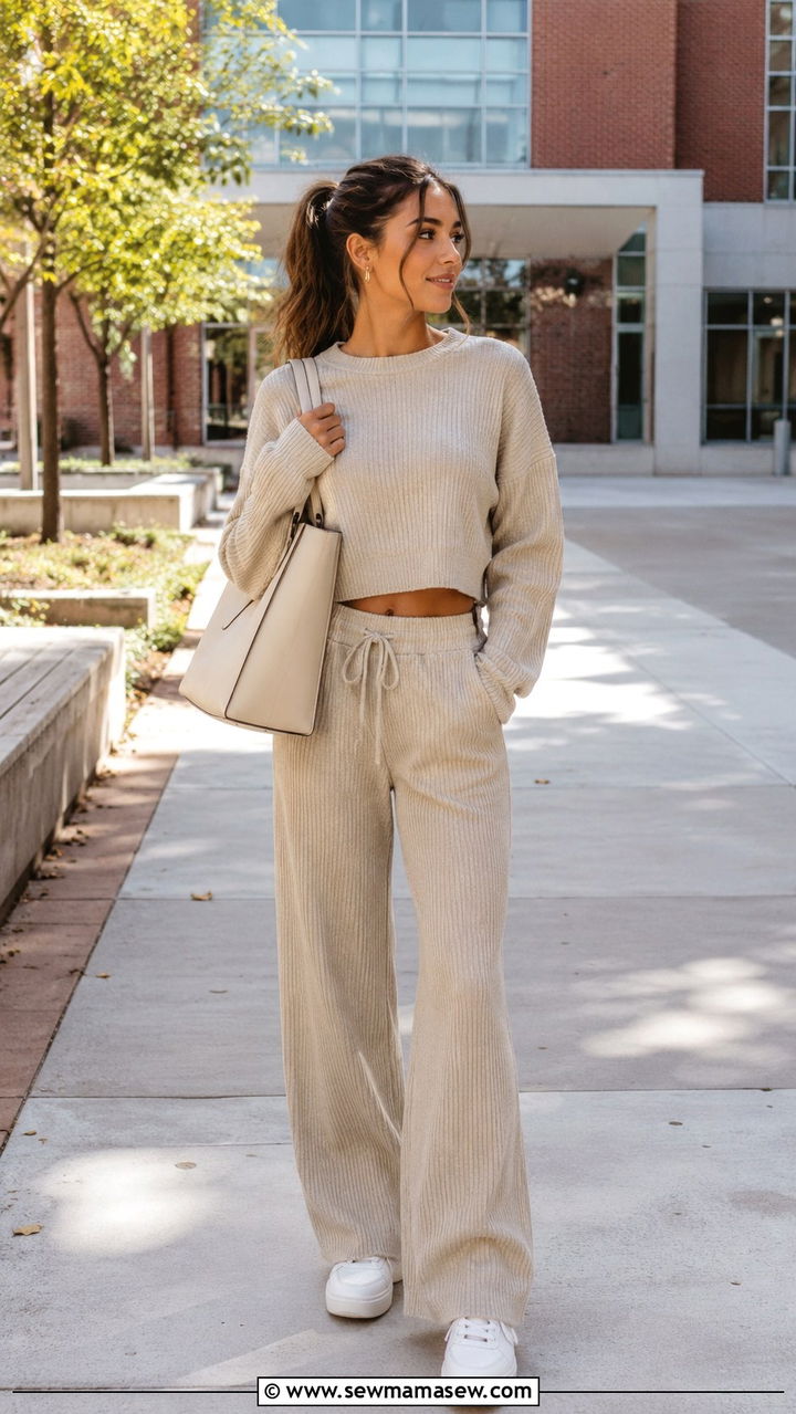 Matching Knit Lounge Set with White Sneakers - 20 August back to school outfit ideas
