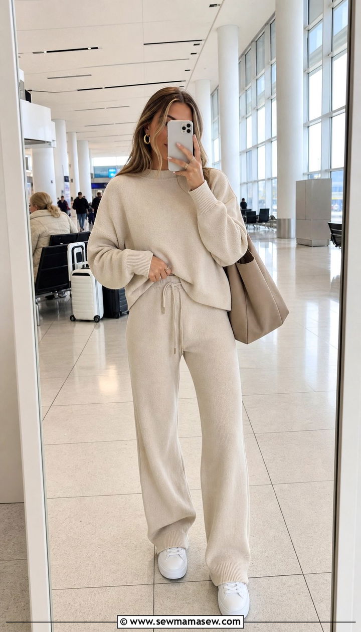 Matching Knit Lounge Set with White Sneakers - 25 Clean girl outfit ideas for airport