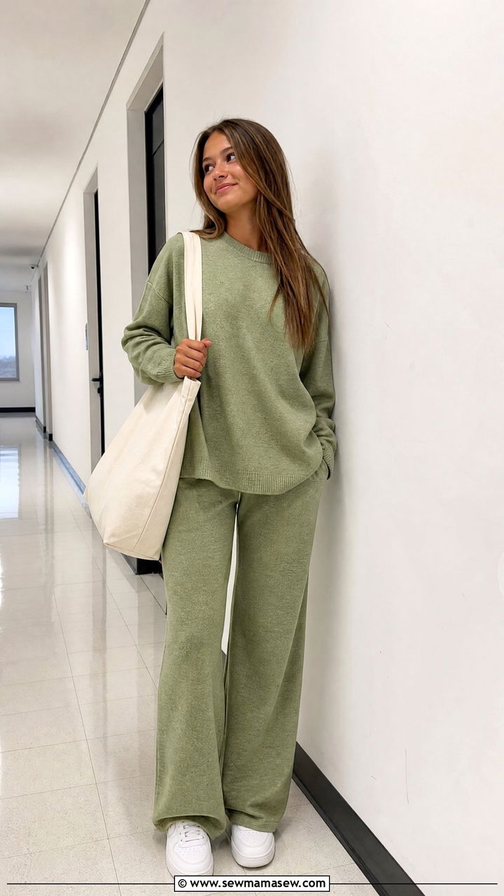 Matching Knit Lounge Set with White Sneakers and a Tote Bag - 30 Trendy outfits for 16 year olds