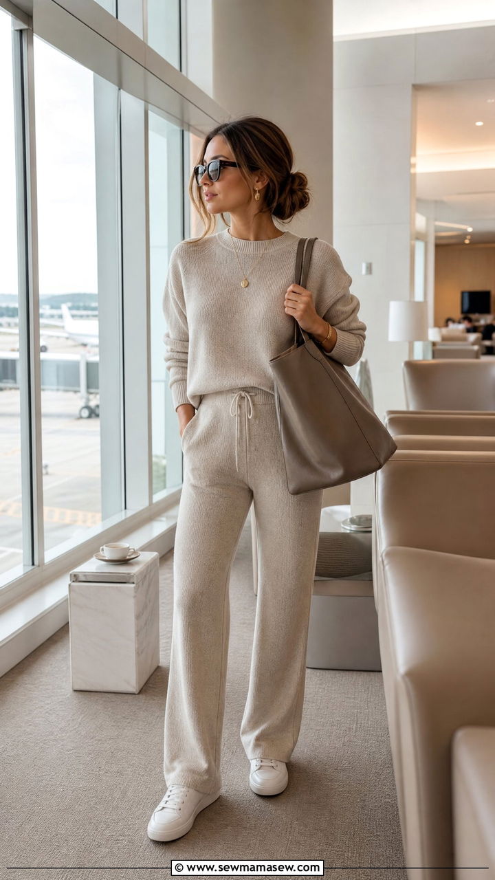 Matching Knit Lounge Set with White Sneakers and an Oversized Tote - 25 Old money outfit ideas for travel