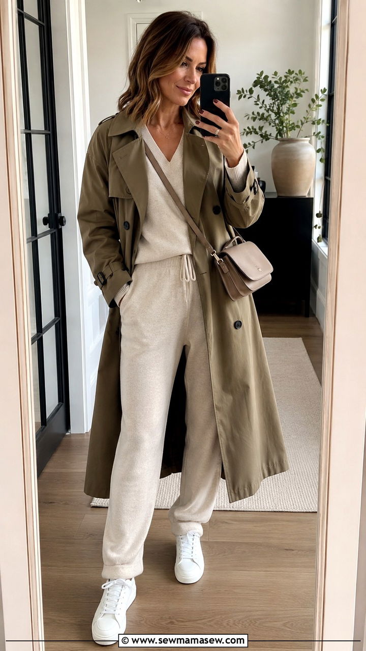 Matching Knit Lounge Set with a Long Trench Coat - 30 Outfit ideas for women over 40 sporty chic