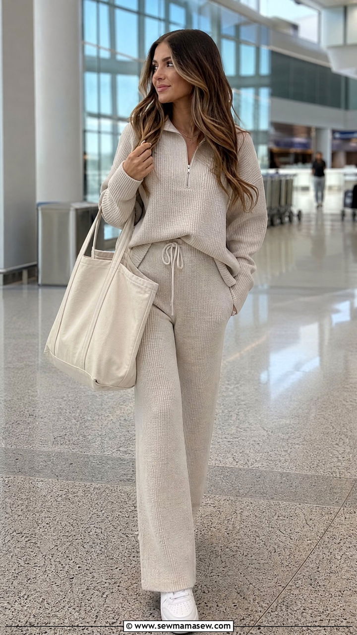 Matching Knit Lounge Set with an Oversized Tote and White Sneakers - 40 spring vacation outfit ideas