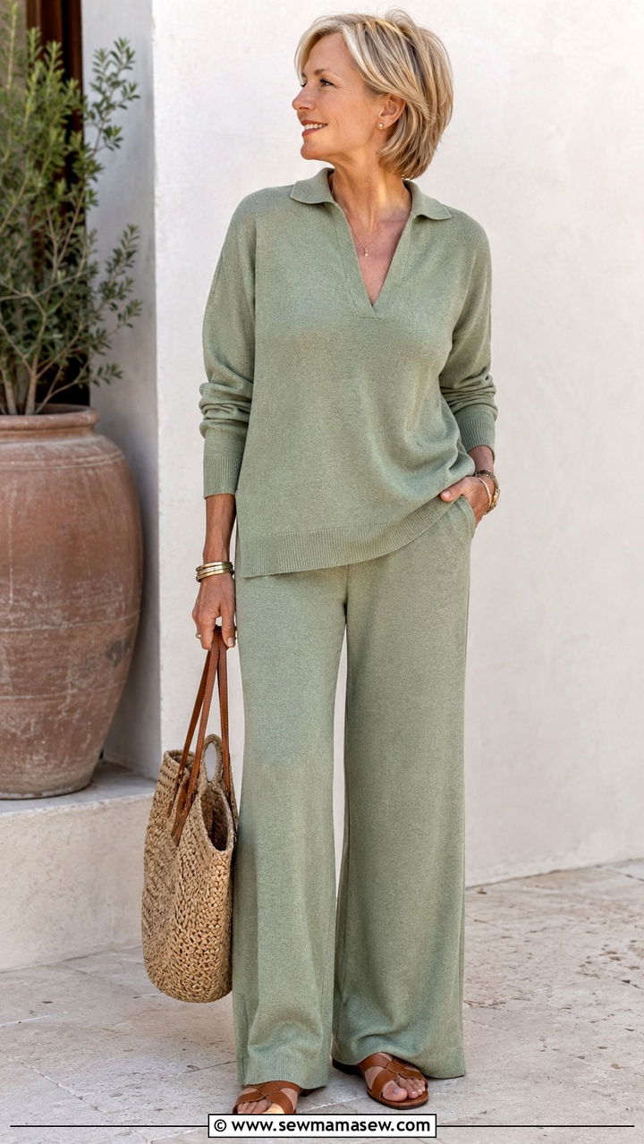 Matching Knit Set With Flat Sandals - 25 Outfit ideas for women over 50 weekend