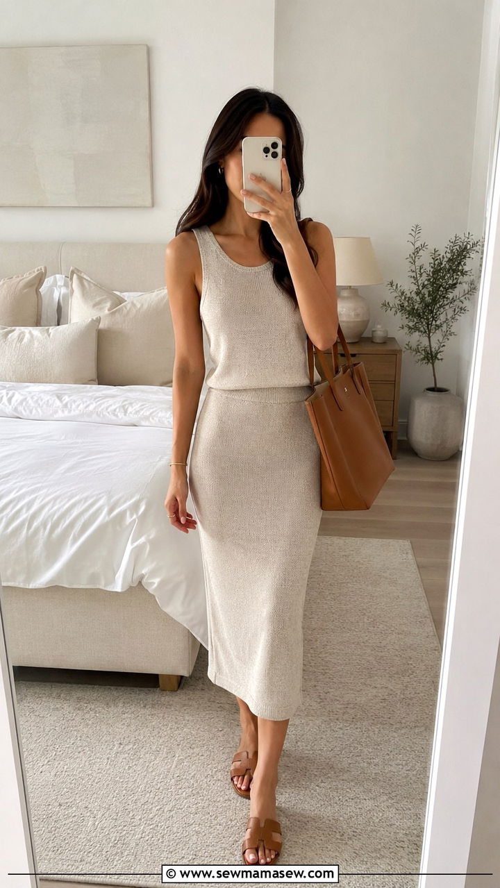 Matching Knit Set With Midi Skirt And Minimal Sandals - 25 Petite outfit ideas with midi skirt