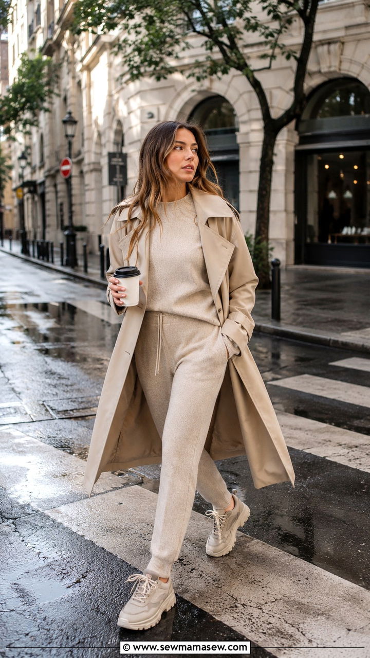 Matching Knit Set With Trench Coat and Chunky Sneakers - 30 rainy day outfits casual