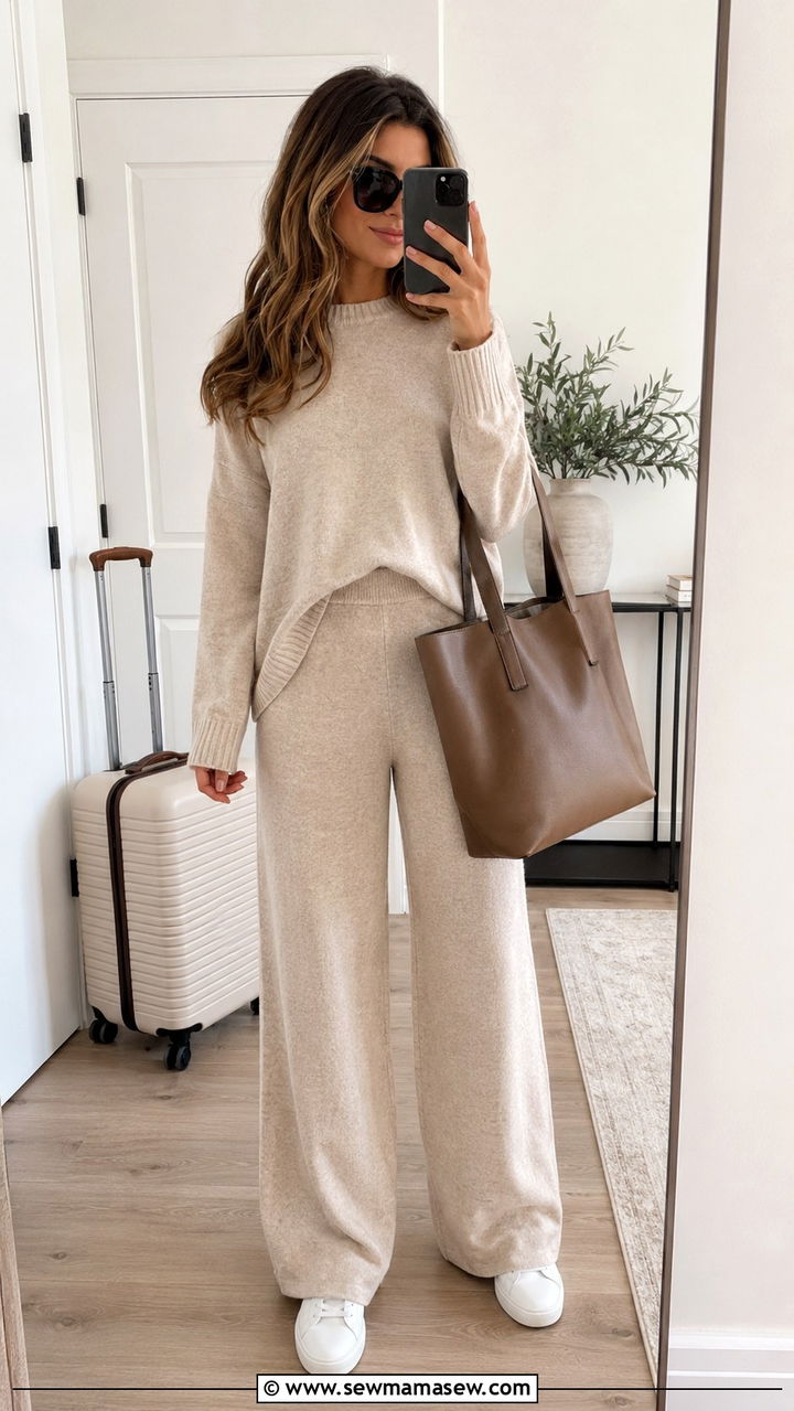 Matching Knit Set with Tote Bag and Sunglasses - 30 spring transition outfit ideas