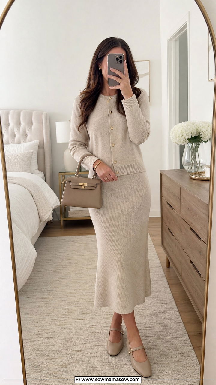 Matching Knit Skirt And Cardigan Set - 30 modest classy outfits for women