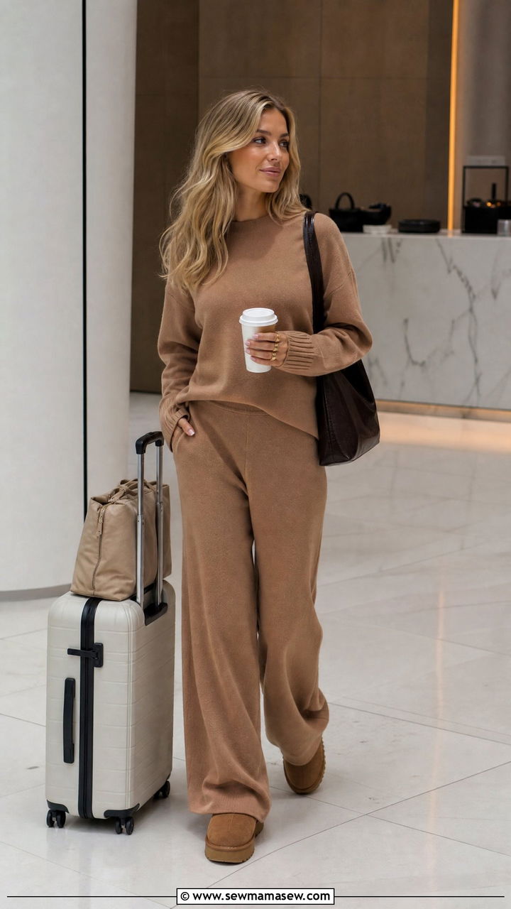 Matching Knit Sweater Set with Wide Leg Pants - 30 Clean girl loungewear outfit ideas