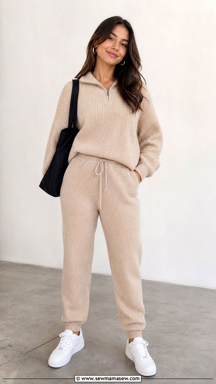 Matching Knit Sweatsuit in Neutral Tones - 25 Grad student outfit ideas