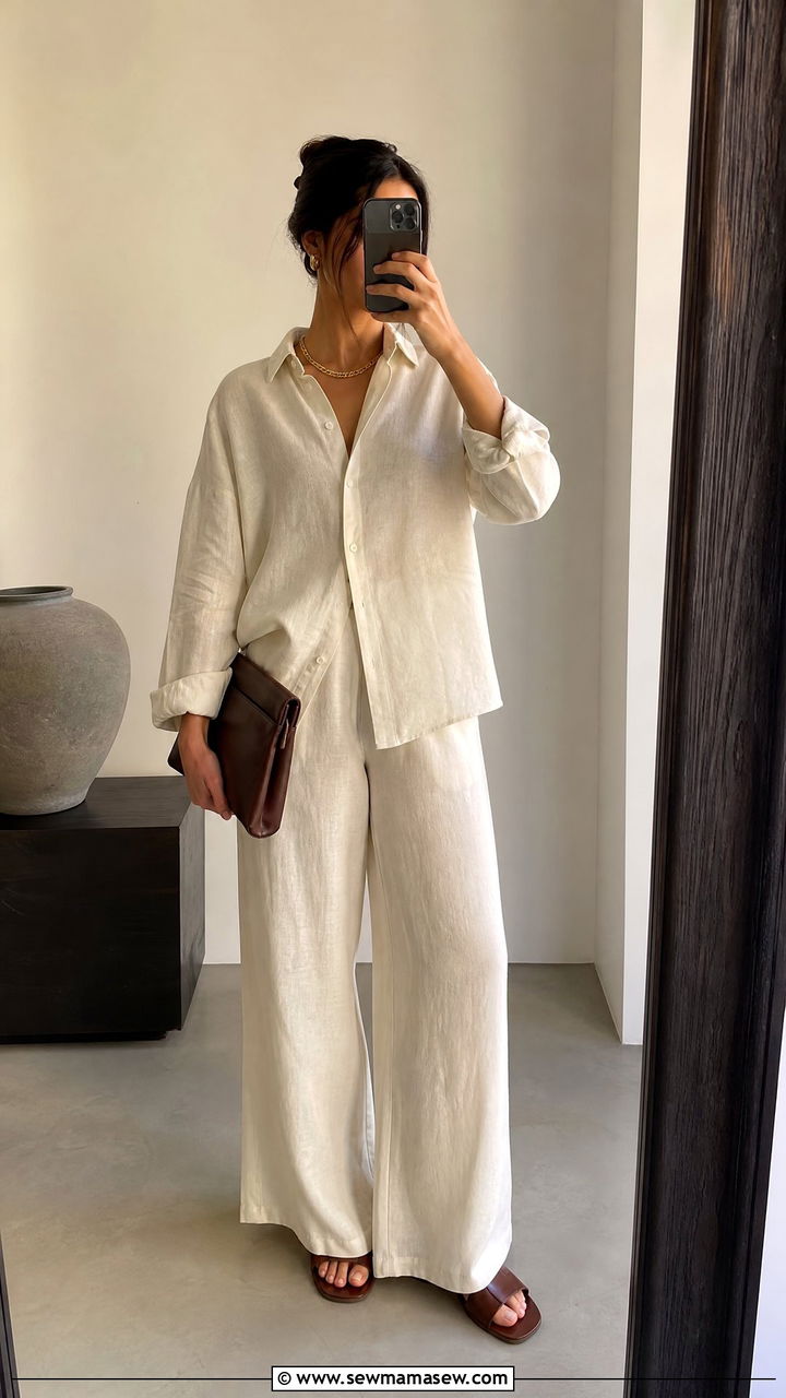 Matching Linen Co Ord Set And Leather Slides Outfit - 30 summer wardrobe essentials outfits