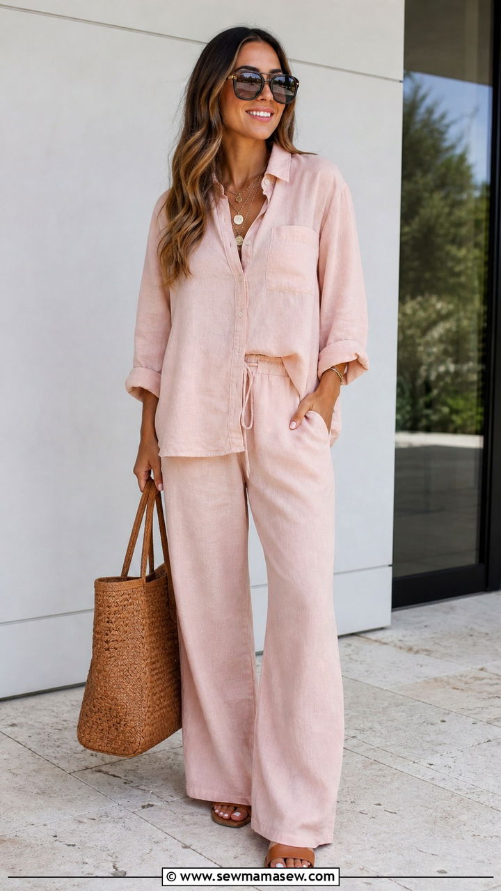 Matching Linen Co Ord Set with Flat Slide Sandals - 40 Spring weekend outfit ideas