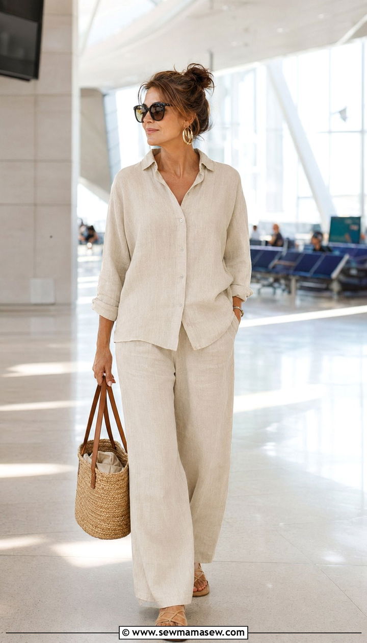Matching Linen Set Airport Outfit - 35 Airport outfits for women over 40