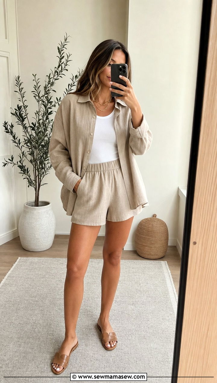 Matching Linen Set With Flat Slides - 25 summer breezy outfit ideas
