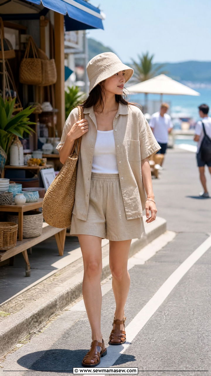 Matching Linen Set and Bucket Hat Outfit - 40 Summer Japan outfit ideas
