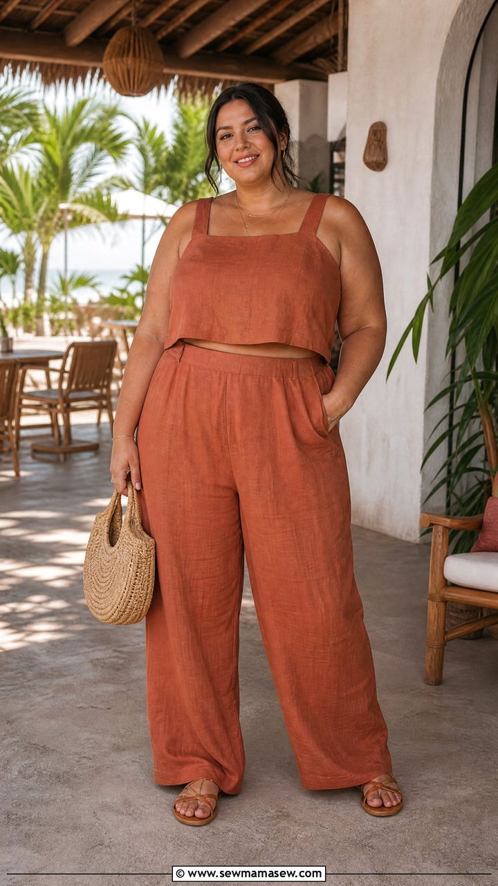 Matching Linen Set with Sandals - 25 Linen pants outfit ideas plus size