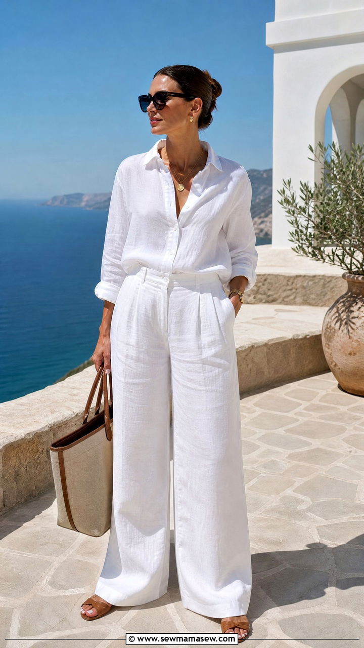 Matching Linen Shirt and Trouser Set Outfit - 30 summer hot weather outfit ideas