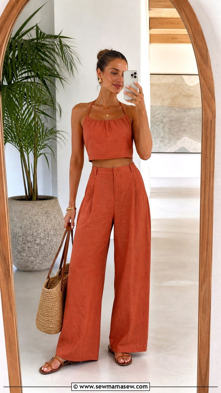 Matching Linen Wide Leg Trousers And Crop Top Set - 40 Bali outfit ideas